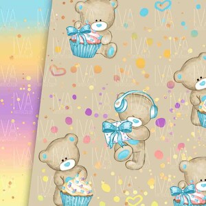 May include: A seamless pattern featuring brown teddy bears holding cupcakes and presents on a beige background with colourful confetti. The bears are wearing blue headphones and have blue bows on their presents.