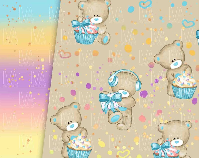 May include: A seamless pattern featuring brown teddy bears holding cupcakes and presents on a beige background with colourful confetti. The bears are wearing blue headphones and have blue bows on their presents.