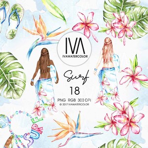 Acuarela Surfing Beach Clipart - Chica surfista de verano pintada a mano, hojas tropicales e imágenes de cóctel de coco para proyectos de álbumes de recortes de bricolaje