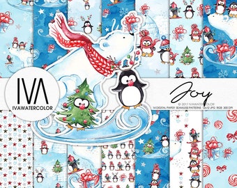 Christmas watercolor digital paper, Winter joy digital paper, Winter fun digital paper, Winter Seamless pattern ,Penguins digital paper