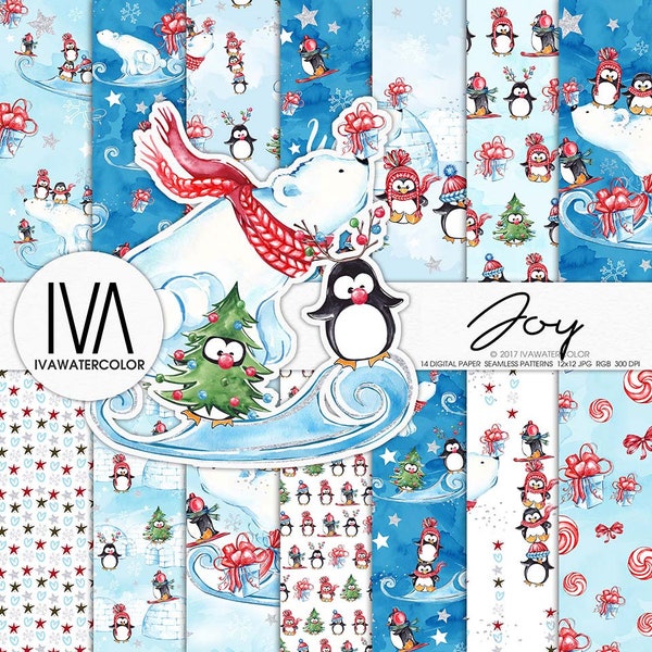 Christmas digital paper, Winter joy digital paper, Winter fun digital paper, Christmas Seamless pattern ,Penguins digital paper, Watercolor