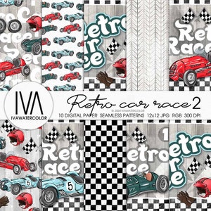 Raceauto naadloos digitaal papier, scrapbookingpagina's Instant Download autobehang, oldtimers achtergrondpatroon Formule 1 plakboekpagina's