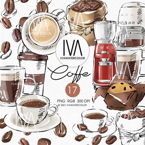 Könnte beinhalten: Eine Aquarellillustration von Kaffee-Artikeln, darunter eine Kaffeemühle, eine Tüte Kaffeebohnen, eine Tasse Kaffee, eine Kaffeemaschine und ein Gebäck. Die Illustration ist in Schwarzweiß mit Aquarell-Akzenten.
