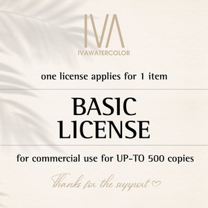 Licenza base per uso commerciale per la sezione Digital Paper Pack e Watercolor Clipart. Nessun credito richiesto. Per stampa diretta.