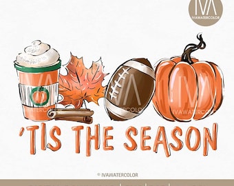 Es la temporada PNG, pelota de fútbol americano, calabaza, café con leche de hoja Listo para imprimir PNG Tema de Acción de Gracias Diseño de sublimación Clipart de otoño