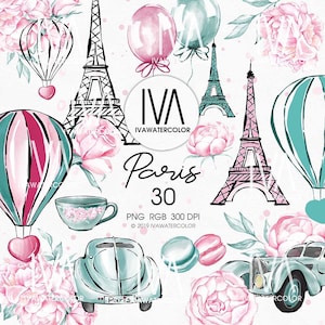 Patrón de amor en París, clipart de París, clipart de boda, clipart del día de San Valentín, clipart de Eiffel, clipart de auto retro, clipart de corazón con llave
