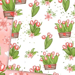 May include: A seamless pattern featuring red and green tulips in pots with a white background. The tulips are arranged in a repeating pattern with small pink flowers and green leaves.