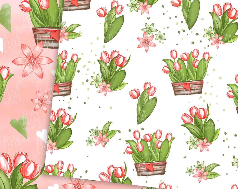 May include: A seamless pattern featuring red and green tulips in pots with a white background. The tulips are arranged in a repeating pattern with small pink flowers and green leaves.