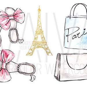 May include: Watercolor illustration of a Parisian theme with a gold Eiffel Tower, two pairs of pink bow sandals, and two shopping bags. One bag is blue with the word "Paris" written on it, and the other is brown.