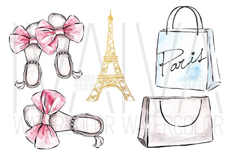 May include: Watercolor illustration of a Parisian theme with a gold Eiffel Tower, two pairs of pink bow sandals, and two shopping bags. One bag is blue with the word "Paris" written on it, and the other is brown.