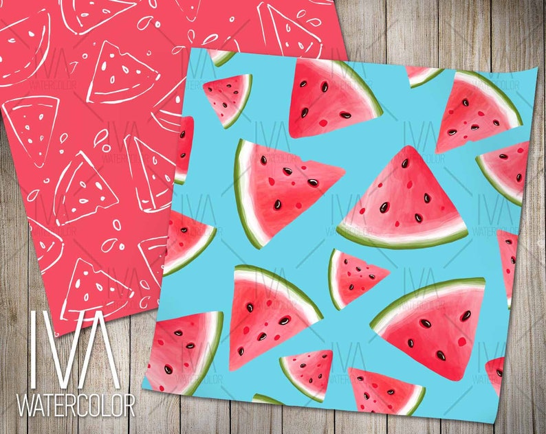 Digital paper watermelon seamless patterns, watermelon design for fabrics, stickers