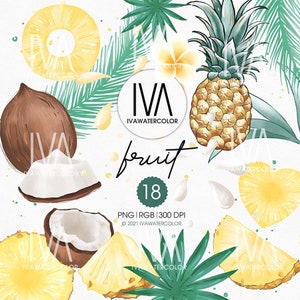 May include: A set of 18 watercolor illustrations of tropical fruits, including pineapples, coconuts, and palm leaves. The illustrations are in a bright, vibrant style and are perfect for adding a touch of tropical flair to your designs.