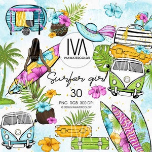 Summer PNG Clipart, Surf Clipart, Surfer Girl Exotic Beach Clipart, Tropical Clipart, Surfing Stickers, Vacation Clipart