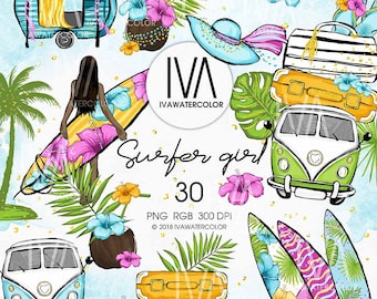 Summer PNG Clipart, Surf Clipart, Surfer Girl Exotic Beach Clipart, Tropical Clipart, Surfing Stickers, Vacation Clipart
