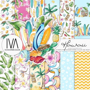 Hawaii Surfing digital paper, Seamless Pattern, Hawaii Summer, Sea Surf board, Ukulele,Tropical pattern, Sea turtle,  Aloha digital papers
