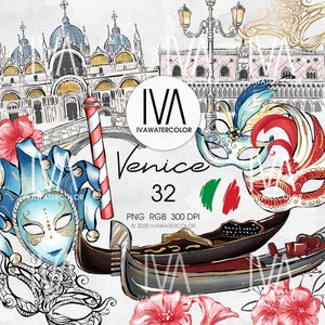 Imágenes prediseñadas de viajes de Italia, imágenes prediseñadas de carnaval de máscara de Venecia, góndola de Venecia, patrón de Italia, puente de Rialto romántico, imágenes prediseñadas de San Marco, imprimibles