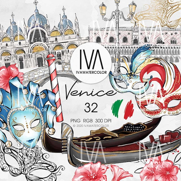 Italy Summer Travel Clipart, Venice Mask Carnival Clipart, Venice Gondola, Italy pattern, Romance Rialto Bridge, San Marco Clipart,Printable