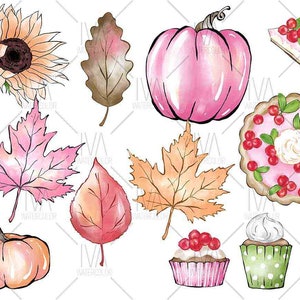 May include: A collection of autumn-themed watercolor illustrations, including a pumpkin, leaves, a sunflower, a pie, cupcakes, and a rolling pin.