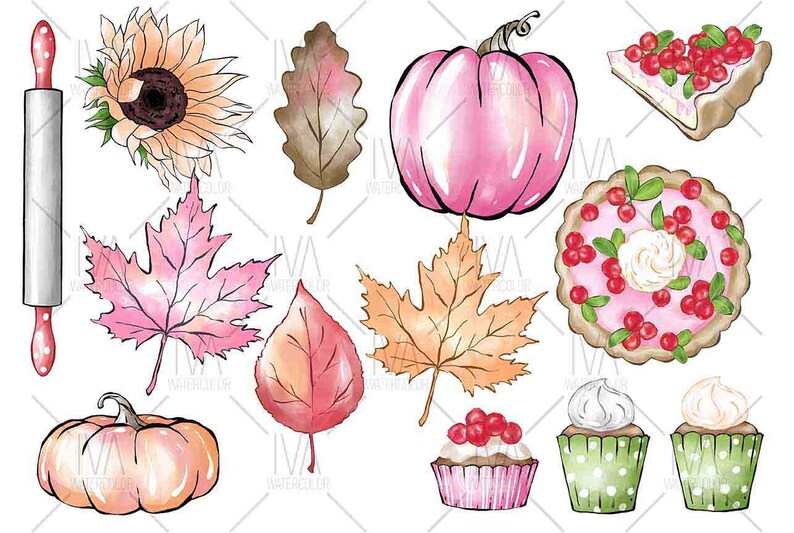 May include: A collection of autumn-themed watercolor illustrations, including a pumpkin, leaves, a sunflower, a pie, cupcakes, and a rolling pin.