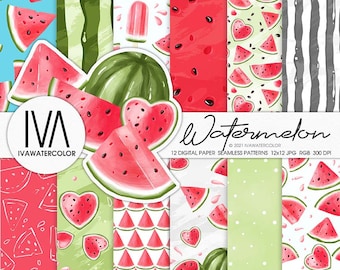 Watermelon Digital Paper Seamless Patterns Watermelon pattern Watermelon background Fruit applique Summer patterns watermelon decor stickers