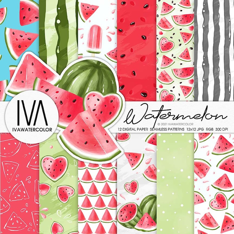 Digital paper watermelon seamless patterns, watermelon design for fabrics, stickers