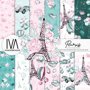 Boda de primavera de papel digital de París, globos aerostáticos en París, patrón de amor sin costuras, scrapbooking Eiffel, para revistas de planificación, coche retro
