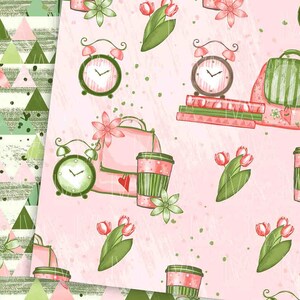 May include: A pink and green seamless pattern featuring alarm clocks, coffee cups, tulips, and suitcases. The pattern is perfect for scrapbooking, card making, and other craft projects.