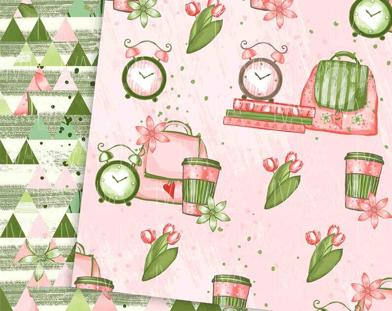 May include: A pink and green seamless pattern featuring alarm clocks, coffee cups, tulips, and suitcases. The pattern is perfect for scrapbooking, card making, and other craft projects.