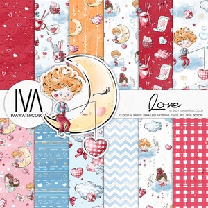 Valentinstag Nahtlose Muster Digitales Papier Handgezeichnete Herz Designs - Nahtlose "Ich und Du" Muster für POD Planner Stickers Stoff