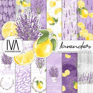 Lavendel Zitrone Hochzeit Musterdesign Frühling Digital Paper Pack, Provence Wallpaper, Hochzeit Hintergrund Illustration, Frühling Hintergrund