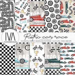 Retro Rennauto nahtlose Muster digitaler Papier Pack, Vintage Auto Hintergrund, Formel 1 Scrapbooking Seiten, sofortiger Download, Auto Hintergrundbilder