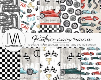 Retro Race Car Seamless Pattern digital paper pack, Vintage Car Background, Formula 1 Scrapbooking Pages, Instant Download, Car Wallpaper
