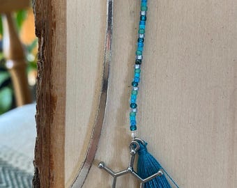 Caffeine Molecule Charm & Blue Tassel Silver Hook Bookmark