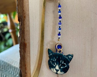Blue Tassel & Dark Gray Cat Charm Gold Hook Bookmark