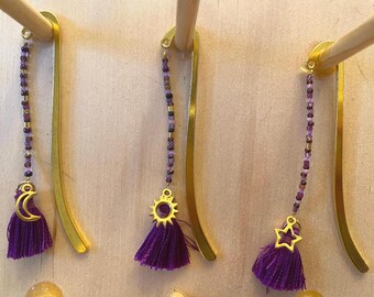 Gold Star, Sun, Moon Charms & Purple Tassel Bookmarks