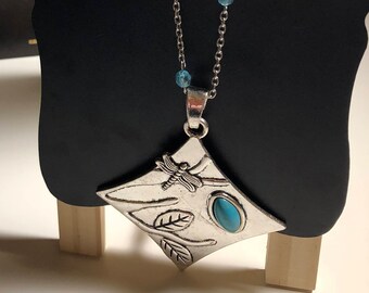 Silver and Turquoise Dragonfly Pendant Necklace