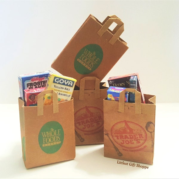 Miniature Grocery Bags, Miniature Trader Joe's Grocery Bags, Miniature Whole Foods Grocery Bags, Dollhouse Miniatures, Dollhouse Groceries