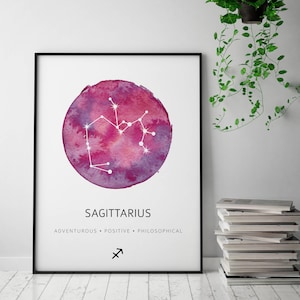 May include: A watercolor print of the Sagittarius constellation in a circle with a pink and purple background. The text "Sagittarius" is below the circle, and the text "Adventurous - Positive - Philosophical" is below that. The Sagittarius symbol is below the text.