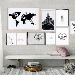 Wanderlust Gift, Gallery Wall Set, World Map Wall Art, World Map Print, Travel Lover Gift, Monochrome Print, Printables Bundle, Print Set