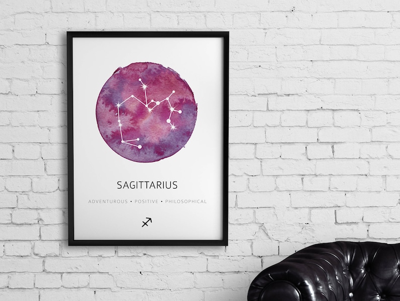 May include: A watercolor print of the Sagittarius constellation with a purple and pink background. The text "Sagittarius" is below the constellation with the words "Adventurous, Positive, Philosophical" below that. The Sagittarius symbol is below the text.