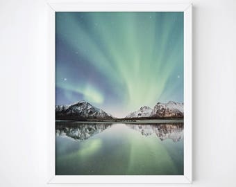 Northern Lights Print, Aurora Borealis Art Print, Northern Lights Poster, Aurora Borealis Wall Art, Mountain Print, Celestial Digital Print