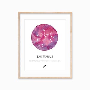 May include: A watercolor illustration of the Sagittarius constellation in a circle with a pink and purple background. The text "Sagittarius", "Adventurous", "Positive", "Philosophical", and the Sagittarius symbol are below the constellation.