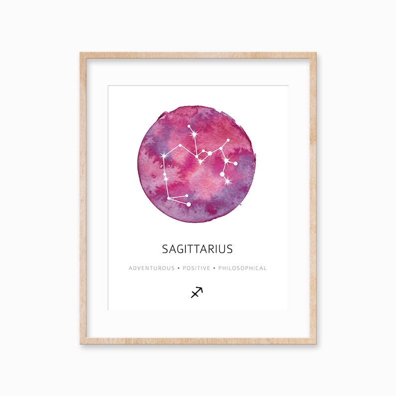 May include: A watercolor illustration of the Sagittarius constellation in a circle with a pink and purple background. The text "Sagittarius", "Adventurous", "Positive", "Philosophical", and the Sagittarius symbol are below the constellation.