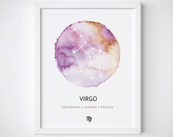 Virgo Constellation Poster, Virgo Watercolor, Virgo Print, Zodiac Constellation Print, Nursery Wall Art, Astrology Art, Virgo Gift
