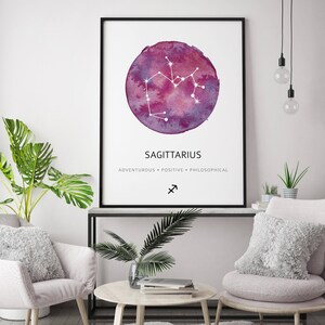 May include: A watercolor print of the Sagittarius constellation in a circle with a purple and pink background. The text "Sagittarius" is below the circle, and the text "Adventurous, Positive, Philosophical" is below that. The Sagittarius symbol is below that text.