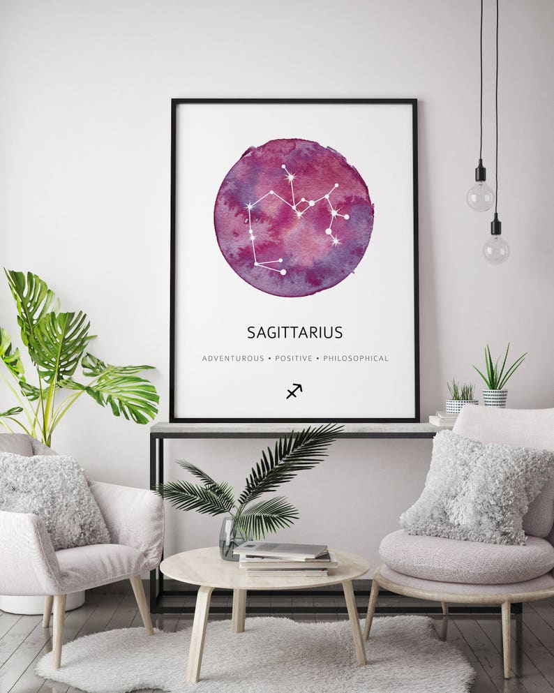 May include: A watercolor print of the Sagittarius constellation in a circle with a purple and pink background. The text "Sagittarius" is below the circle, and the text "Adventurous, Positive, Philosophical" is below that. The Sagittarius symbol is below that text.