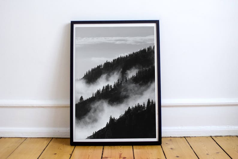 May include: Black and white photograph of a mountain range with fog rolling through the trees.