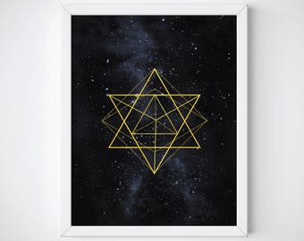 Merkaba Sacred Geometry Print, Merkaba Wall Art, Gold Foil Print, Celestial Wall Art, Geometic Print, Galaxy Print, Mindfullness Print