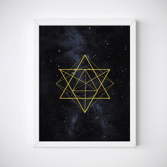 Merkaba Sacred Geometry Print, Merkaba Wall Art, Gold Foil Print, Celestial Wall Art, Geometic Print, Galaxy Print, Mindfullness Print