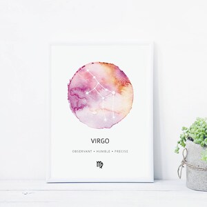 May include: A watercolor illustration of the Virgo constellation in a pink and orange circle. The text "VIRGO" is below the circle, followed by "OBSERVANT &bull; HUMBLE &bull; PRECISE" and the Virgo astrological symbol.